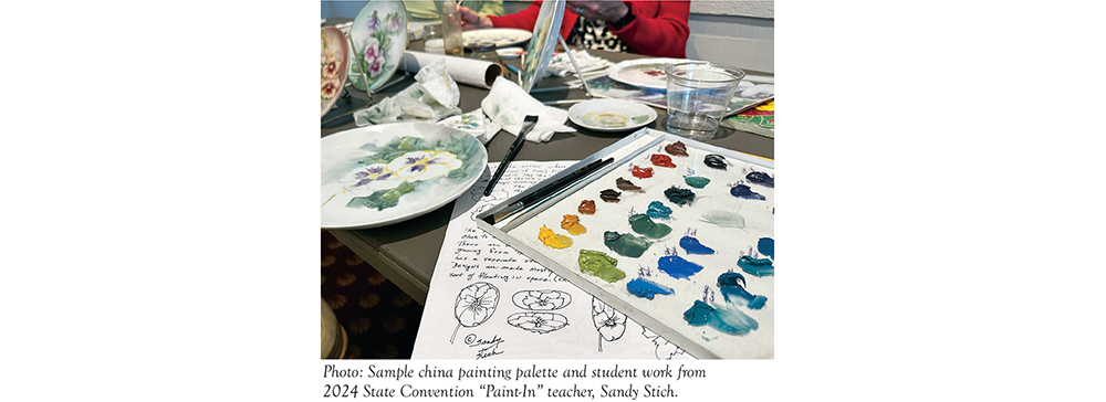 Photo: Sample china painting palette and student work from 2024 State Convention “Paint-In” teacher, Sandy Stich.
