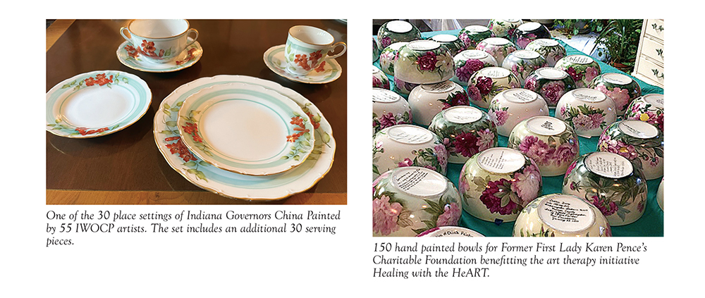 One of the 30 place settings of Indiana Governors China Painted by 55 IWOCP artists. The set includes an additional 30 serving pieces. 150 hand painted bowls for Former First Lady Karen Pence’s Charitable Foundation benefiting the art therapy initiative Healing with the HeART.