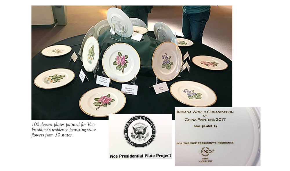 100 dessert plates painted for Vice President’s residence featuring state flowers from 50 states.